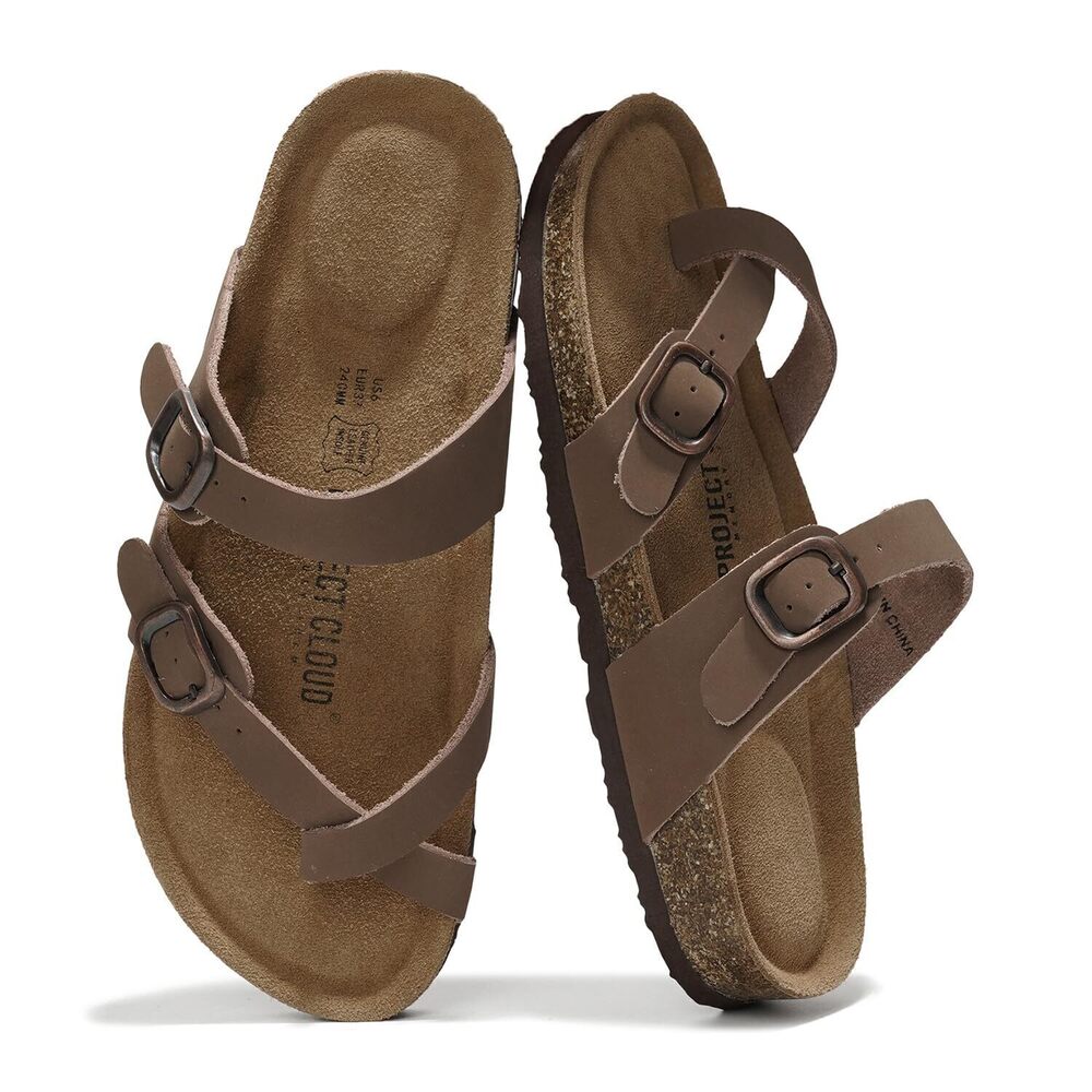 PROJECT CLOUD 100% GENUINE LEATHER WOMENS SANDALS - CORK FOOTBED SLIDES FOR WOME
